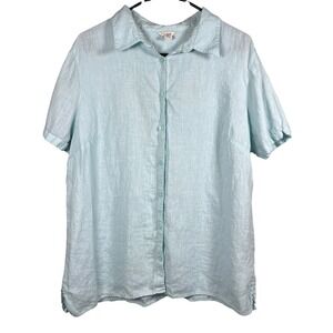 L.L. Bean Women's Linen Shirt Size Large Aqua Blue Short Sleeve Button Front Top